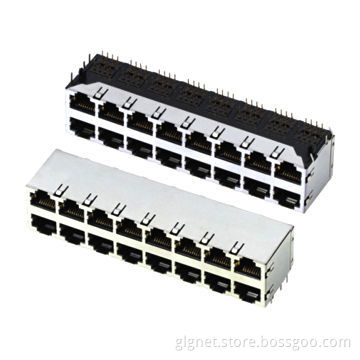 RoHS Directive-compliant RJ45 Connector, 2x8-Port, with or w/o Shielding, R/A